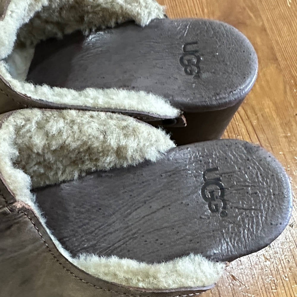 UGG Taupe Suede Shearling-Lined Clog Mules - Picture 11 of 15